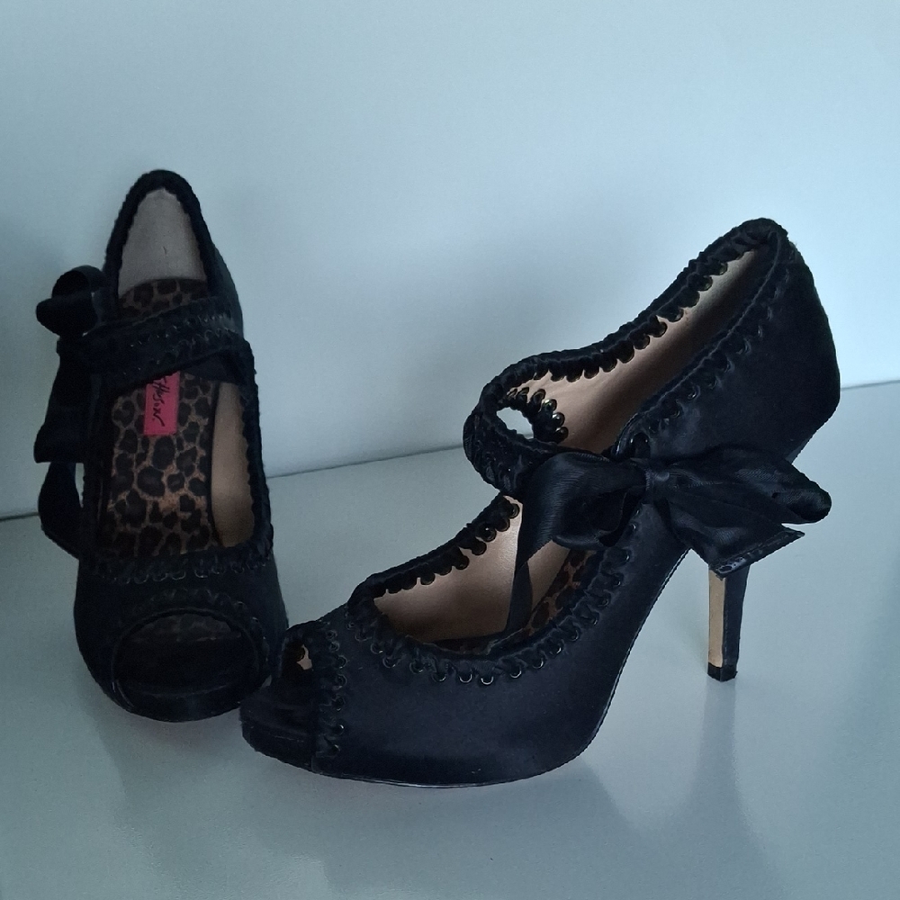 Betsey Johnson Black Satin Peep-Toe Heels